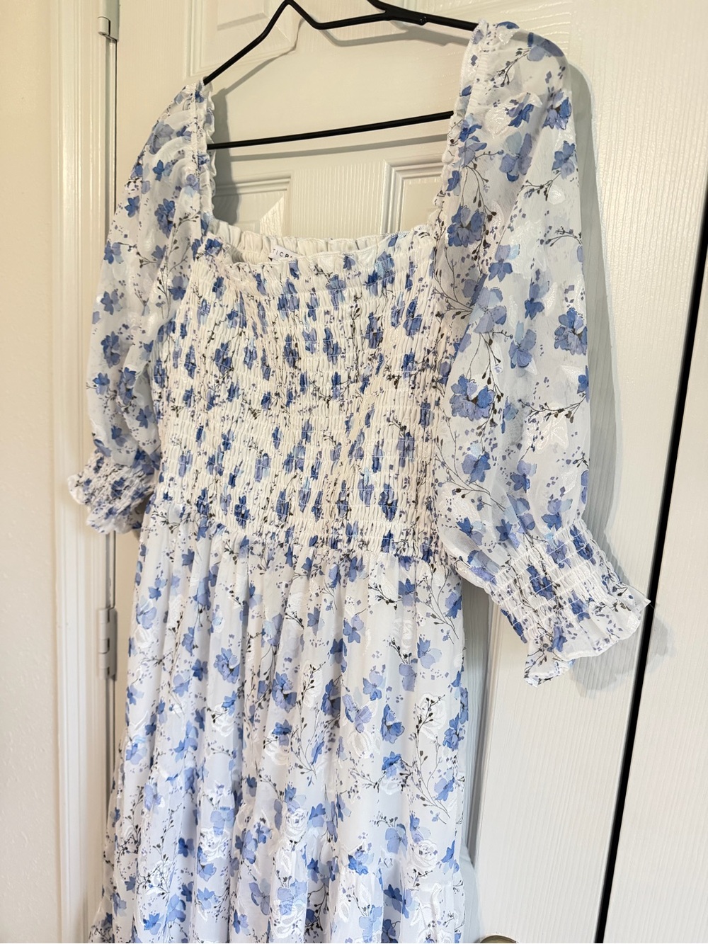 Baltic Born Blue Floral Smocked Midi Maxi Dress XL puffed sleeve smocked bodice - Picture 3 of 11